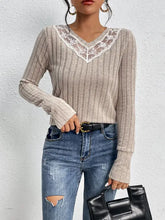 Perfee Lace Detail Ribbed V-Neck Long Sleeve Top Woman Blouses