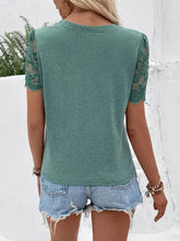 Perfee Lace Short Sleeve Round Neck T-Shirt in green with sheer lacy sleeves