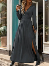Perfee Lace Detail Slit V-Neck Long Sleeve Dress Dark Gray Woman Maxi Dress