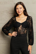 Perfee lace long sleeve bodysuit in black lace with sheer floral pattern and square neckline showcasing sleeve length detail