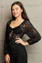 Black lace perfee lace long sleeve bodysuit with fitted bodice scalloped neckline and long sleeve length