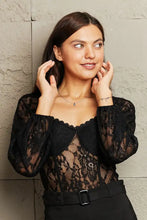 Black lace long sleeve bodysuit with floral pattern and sheer mesh overlay from the perfee lace long collection