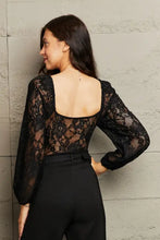 Black lace long sleeve bodysuit with square neckline and full sleeve length from Perfee Lace Long collection