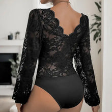 Black lace plunge long sleeve bodysuit with scalloped neckline and sheer floral pattern by perfee lace
