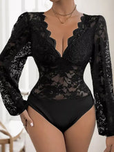 Black lace plunge long sleeve bodysuit with deep v neckline in Perfee Lace Plunge Long Sleeve Bodysuit design