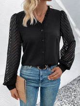 Perfee Mesh V-Neck Button Front Blouse Black Woman Blouses