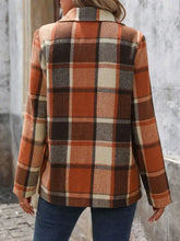 Perfee plaid button lapel collar blazer in wool with orange, brown, beige squares