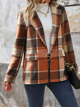 Perfee plaid button lapel collar blazer in wool with orange, brown, cream colors and pockets