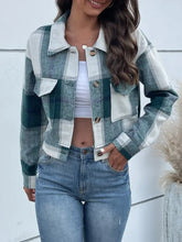 Drop shoulder cropped perfee plaid button jacket in green, white, black