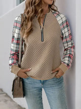 Perfee Plaid Quilted Half Zip Long Sleeve Sweatshirt in beige texture