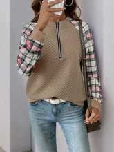 Perfee Plaid Quilted Half Zip Long Sleeve Sweatshirt with Brown Vest Texture
