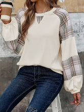 Perfee Plaid Round Neck Long Sleeve Sweatshirt for Women in Ivory