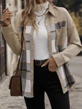 Perfee Plaid Snap Long Sleeve Shacket in beige plaid with belt