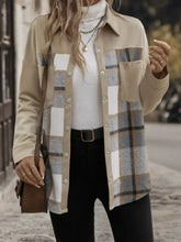 Perfee Plaid Snap long sleeve shacket in beige plaid cotton blend