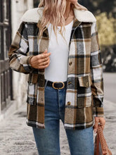 Perfee Pocketed Plaid wool coat with fur trim in brown and beige