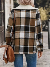 Perfee pocketed plaid wool coat with shearling collar and button closure