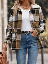 Perfee Pocketed Plaid Button Up Collared Neck Jacket Woman Outerwear