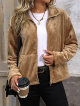 Perfee Pocketed Zip Up Collared Neck Long Sleeve Jacket Woman Outerwear