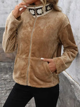 Perfee Pocketed Zip Beige Corduroy Jacket with Floral Zipper