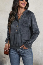 Charcoal gray printed half button long sleeve hoodie with kangaroo pocket