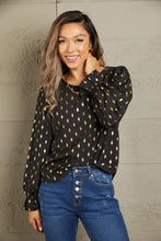 Perfee Printed Round Neck Flounce Sleeve Blouse Black Woman Blouses