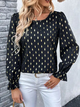 Perfee Printed Round Neck Flounce Sleeve Blouse Woman Blouses