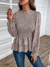 Perfee Printed Round Neck Smocked Flounce Sleeve T-Shirt Beige Woman Blouses