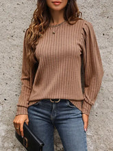 Perfee ribbed round neck long sleeve brown knit top with puff sleeves