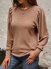 Perfee Ribbed Round Neck Long Sleeve T-Shirt Woman T Shirts