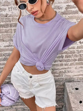 Perfee Round Neck cuffed sleeve t-shirt in light purple with white distressed denim shorts