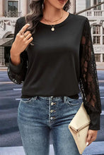 Perfee round neck lace trim long sleeve sweatshirt in black
