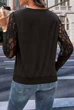 Perfee round neck lace trim long sleeve sweatshirt with jeans