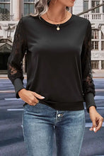 Perfee Round Neck Lace Trim Long Sleeve Sweatshirt with Blue Jeans