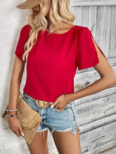 Perfee round neck slit short sleeve top in red with shoulder cutouts