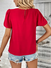 Perfee round neck slit short sleeve top with puff sleeves
