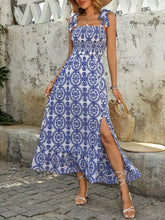 Perfee Slit Smocked Square Neck Printed Maxi Cami Dress Blue Woman Maxi Dress