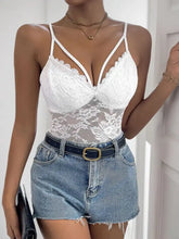 White perfee spaghetti strap lace bodysuit with thin straps and sheer mesh panel at the waist