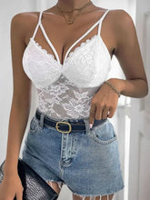White lace perfee spaghetti strap bodysuit with delicate floral patterns and thin spaghetti strap lace detailing