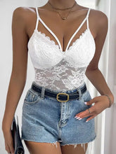 White perfee spaghetti strap lace bodysuit with thin straps and sheer mesh panel at the waist