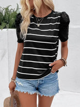 Perfee Striped Lace Detail Short Sleeve T-Shirt Woman T Shirts