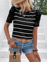 Perfee Striped Lace Detail Short Sleeve T-Shirt Woman T Shirts