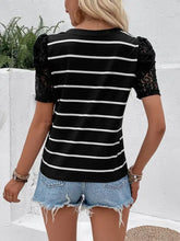 Perfee striped lace short sleeve T-shirt with puff sleeves