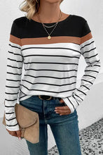 Perfee striped round neck long sleeve colorblock t-shirt for women