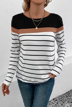 Perfee striped round neck long sleeve colorblock T-shirt for women