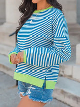 Perfee Striped round neck long sleeve sweatshirt in blue and white with neon green trim