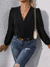 Black sheer lace perfee surplice long sleeve bodysuit with v-neck and ruched bodice for elegant wear