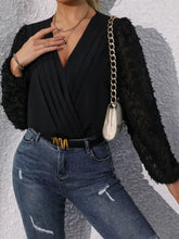 Black lace perfee surplice long sleeve bodysuit with v neck and ruffled sleeves for elegant wear