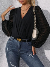 Black sheer lace perfee surplice long sleeve bodysuit with v-neck and pleated bodice for elegant wear