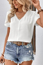 Perfee textured lace trim V-neck tee with denim shorts