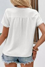 Perfee Textured Lace Trim Tee: white short-sleeved blouse with lace trim